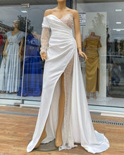 Load image into Gallery viewer, White Mermaid Split Satin And Beaded One Shoulder Dresses
