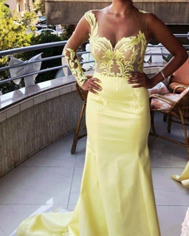 Yellow Mermaid Prom Dresses One Shoulder Lace Embroidery Yellow Mermaid Prom Dresses One Shoulder Lace Embroidery