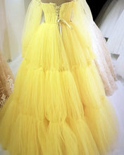 Load image into Gallery viewer, Yellow Princess Prom Dresses Strapless Ball Gown With Sleeves