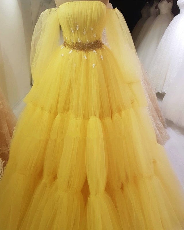 Yellow Princess Prom Dresses Strapless Ball Gown With Sleeves Yellow Princess Prom Dresses Strapless Ball Gown With Sleeves