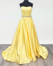 Load image into Gallery viewer, Yellow Satin Strapless Ball Gown Dresses Beaded Sashes-alinanova
