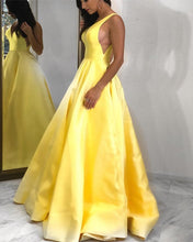 Load image into Gallery viewer, Simple-Satin-Long-Yellow-Evening-Dresses-Floor-Length-Prom-Gowns-2019