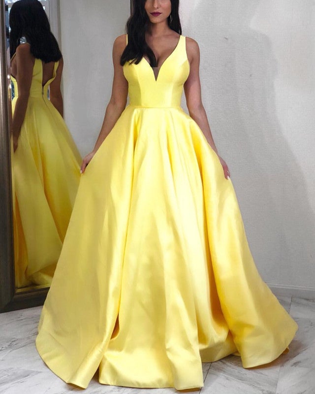 Yellow Satin V-neck Floor Length Prom Dresses Yellow Satin V-neck Floor Length Prom Dresses
