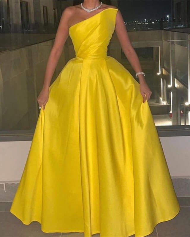 Simple Yellow Strapless Satin Formal Dresses – alinanova