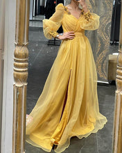 Load image into Gallery viewer, Puffy Sleeves V Neck Tulle Split Dress