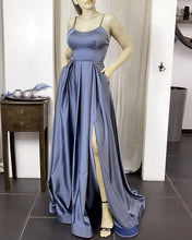 Load image into Gallery viewer, Spaghetti Straps Split Satin Bridesmaid Dresses Lace Up Back