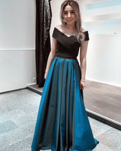 Load image into Gallery viewer, Black Velvet Off Shoulder Taffeta Prom Dresses Long