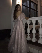 Load image into Gallery viewer, Long Sequin Prom Dresses Puffy Sleeves Leg Split
