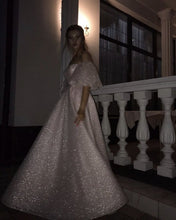 Load image into Gallery viewer, Long Sequin Prom Dresses Puffy Sleeves Leg Split