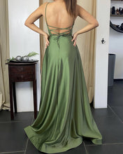 Load image into Gallery viewer, Spaghetti Straps Split Satin Bridesmaid Dresses Lace Up Back