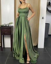 Load image into Gallery viewer, Spaghetti Straps Split Satin Bridesmaid Dresses Lace Up Back-alinanova