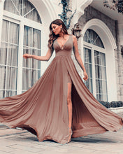 Load image into Gallery viewer, Long Chiffon Split Bridesmaid Dresses Plunge Neck