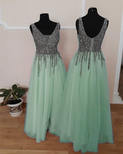 Load image into Gallery viewer, Tulle Floor Length Split Dresses With Beaded V Neckline