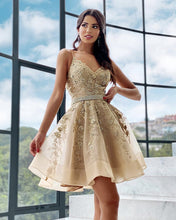 Load image into Gallery viewer, Short V Neck Homecoming Dresses Lace Appliques Beaded Sashes-alinanova