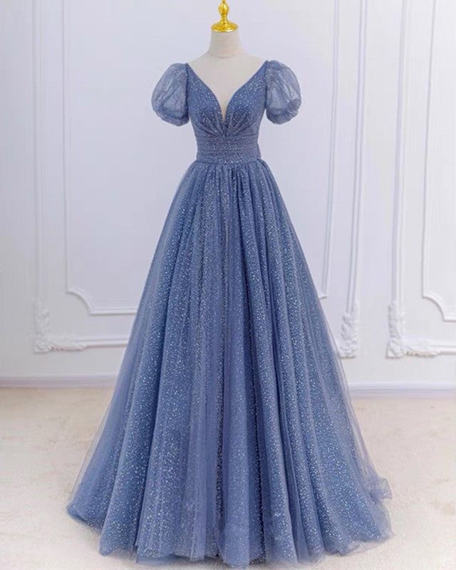 Dusty Blue Princess Sparkly Prom Dresses with Sleeves
