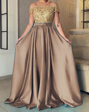 Load image into Gallery viewer, A-line /Princess Prom Dresses Long With Gold Lace