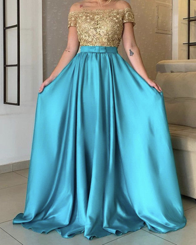 A-Line /Princess Prom Dresses Long with Gold Lace A-Line /Princess Prom Dresses Long with Gold Lace