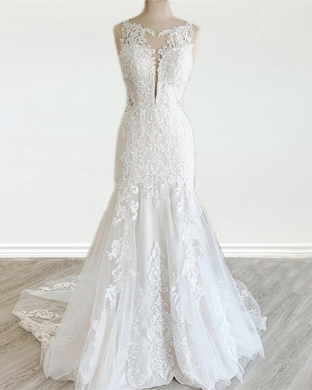 knee length dresses for ladies Vintage Lace Scoop Neckline Wedding Dress Mermaid