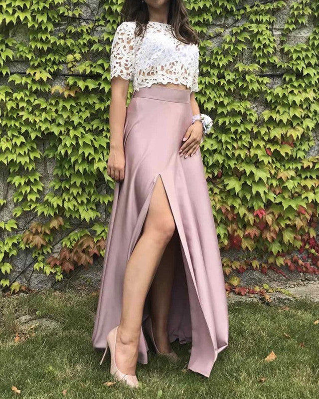 Two Piece Prom Dresses Lace Crop Satin Slit Two Piece Prom Dresses Lace Crop Satin Slit
