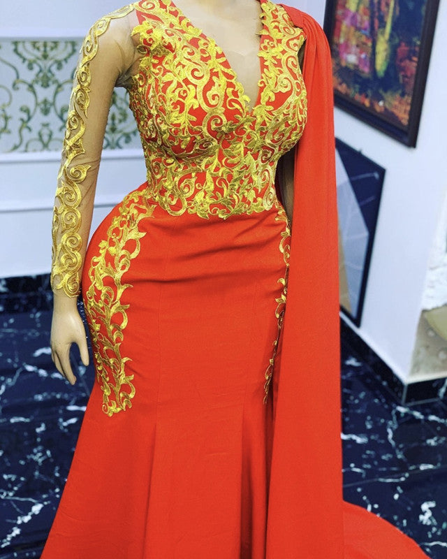 Mermaid Orange Prom Dresses Gold Lace Long Sleeves Mermaid Orange Prom Dresses Gold Lace Long Sleeves