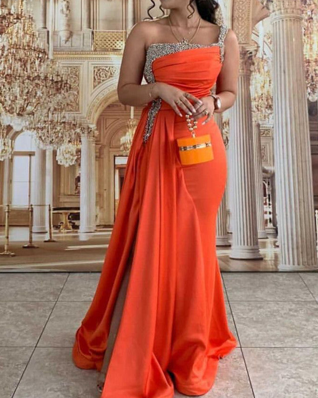 Mermaid One Shoulder Orange Prom Dresses Beaded Split Mermaid One Shoulder Orange Prom Dresses Beaded Split