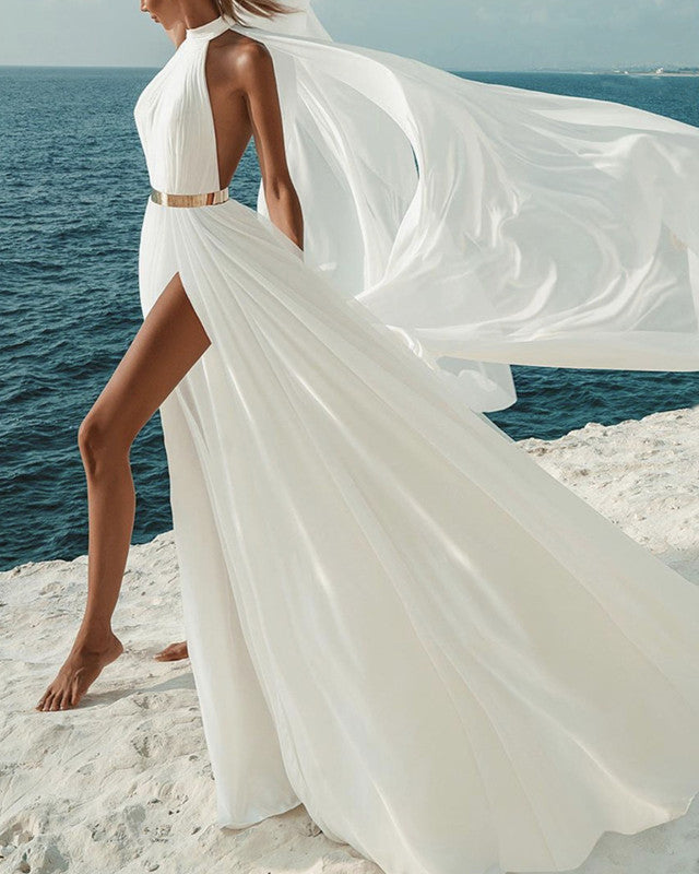 Gold Belt Prom Dresses Chiffon Split with Halter Neck Gold Belt Prom Dresses Chiffon Split with Halter Neck