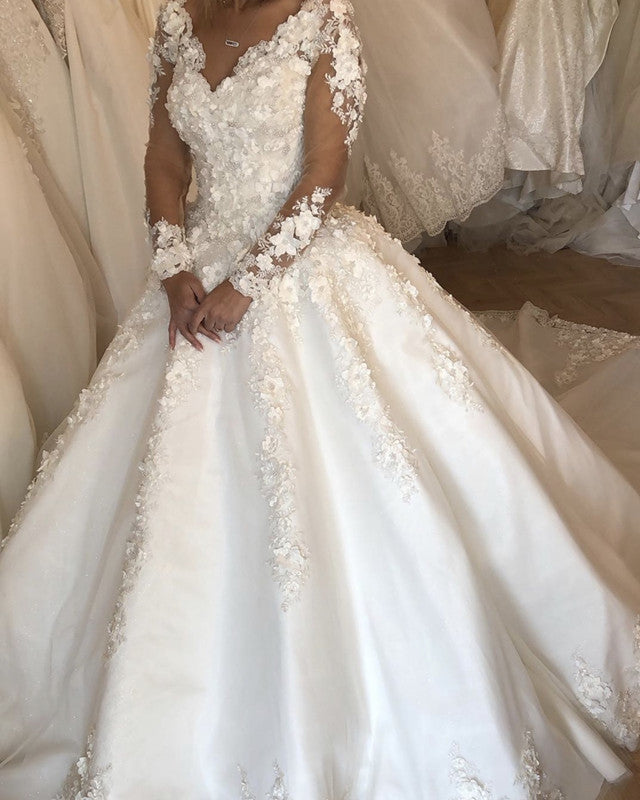 3D Lace Flowers Wedding Dress Long Sleeves V Neck