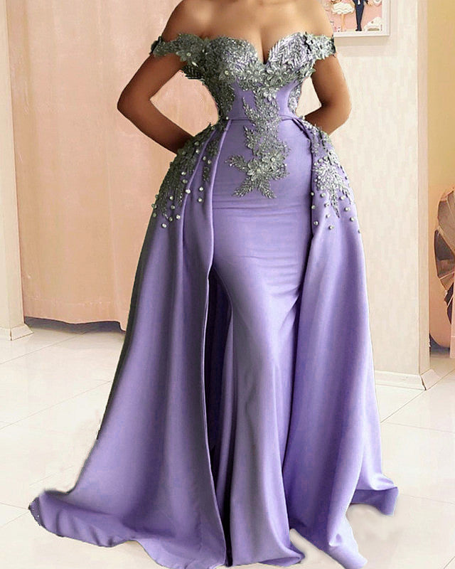 Mermaid Evening Dress Off Shoulder Silver Lace Embroidery Mermaid Evening Dress Off Shoulder Silver Lace Embroidery