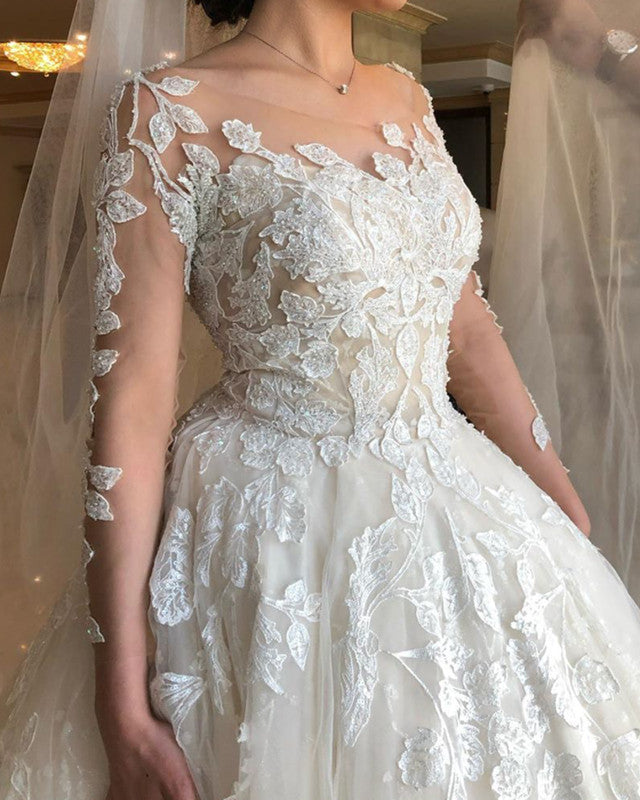 3/4 Lace Sleeves Wedding Dress Princess With Sheer Neck 3/4 Lace Sleeves Wedding Dress Princess With Sheer Neck
