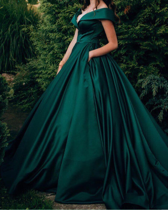 Prom Ball Gown Off The Shoulder Satin Dresses with Pockets