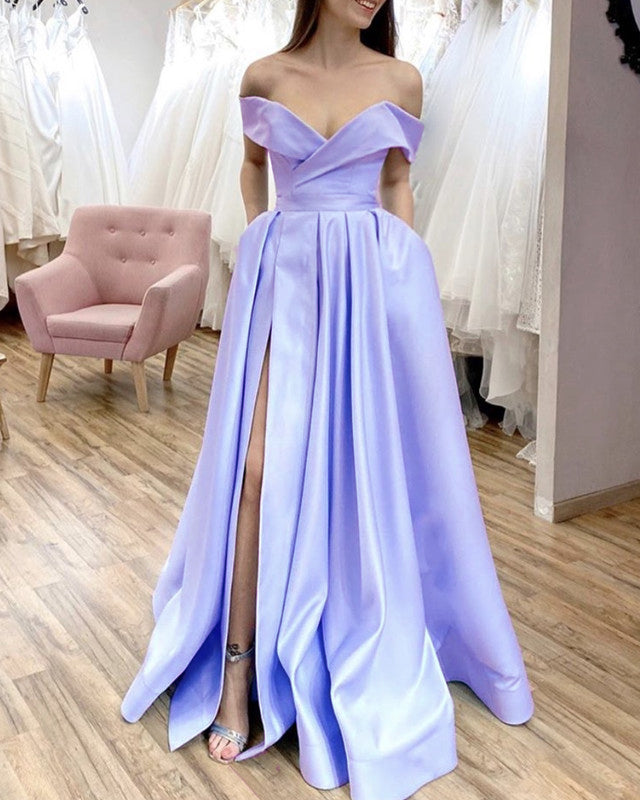 off the shoulder lavender prom dress Simple Prom Dresses Split Evening Gown Off The Shoulder With Pockets –  alinanova