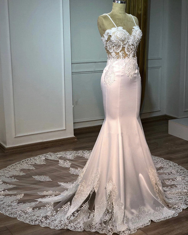 fitted lace wedding dress Lace Sweep Train Mermaid Wedding Dresses Spaghetti Straps