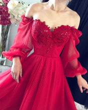 Load image into Gallery viewer, Tulle Off The Shoulder Prom Dresses With Sleeves
