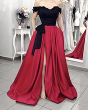 Load image into Gallery viewer, Black Top Evening Dress Off The Shoulder Satin Split