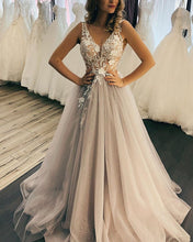 Load image into Gallery viewer, Tulle V Neck Wedding Dress Ivory Lace Embroidery