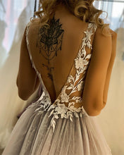 Load image into Gallery viewer, Tulle V Neck Wedding Dress Ivory Lace Embroidery