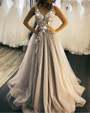 Load image into Gallery viewer, Tulle V Neck Wedding Dress Ivory Lace Embroidery-alinanova