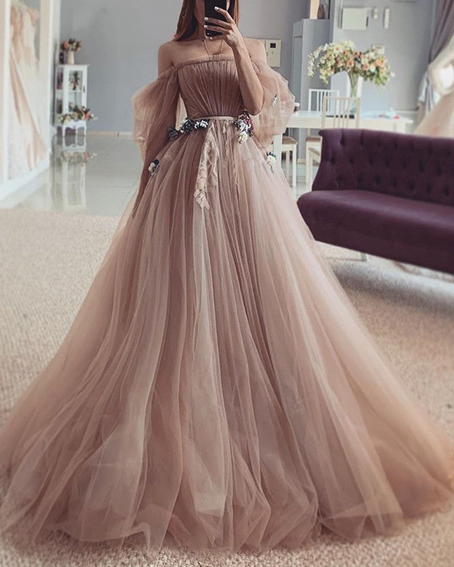 ivory champagne wedding dress Sleeved Tulle Wedding Dress Off The Shoulder