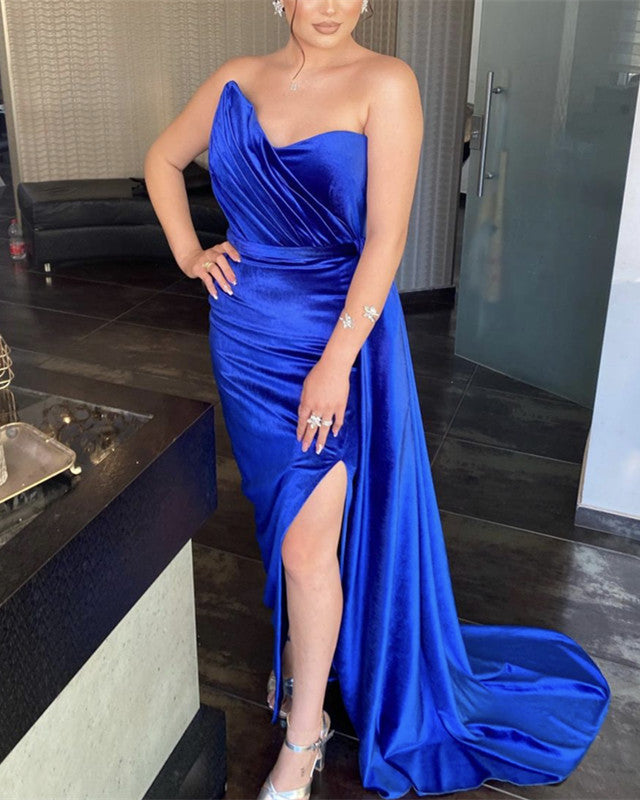 blue dress for baby girl Velvet Strapless Mermaid Dresses with Slit