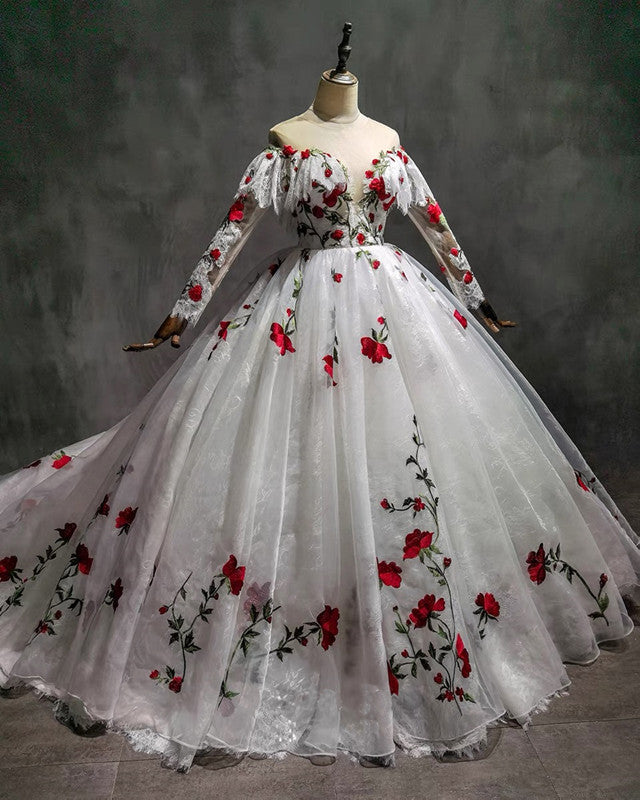 Long Sleeves Wedding Lace Dresses Sheer Neckline With Floral Flowers Long Sleeves Wedding Lace Dresses Sheer Neckline With Floral Flowers