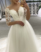 Load image into Gallery viewer, Tulle Tea Length Wedding Dress With Lace Sleeves