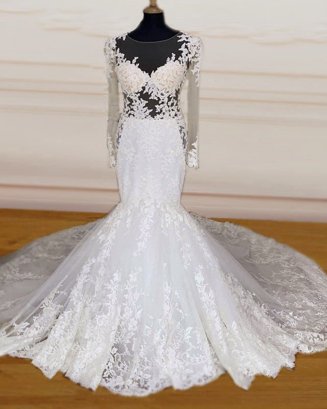 Elegant Lace Mermaid Wedding Dress Sheer Neckline Long Sleeves