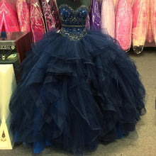 Load image into Gallery viewer, beaded sweetheart organza ruffle snavy blue quinceanera dresses ball gowns-alinanova