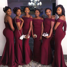 Load image into Gallery viewer, Sexy Off The Shoulder Long Burgundy Mermaid Bridesmaid Dresses-alinanova