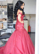 Load image into Gallery viewer, Burgundy Lace Appliques Tulle Mermaid Evening Gowns Off Shoulder-alinanova