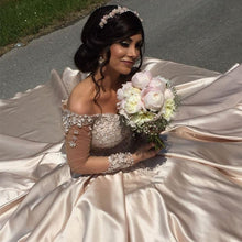 Load image into Gallery viewer, champagne satin long sleeves ball gowns prom dresses 2017-alinanova