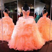 Load image into Gallery viewer, coral organza ruffles beaded sweetheart quinceanera dresses ball gowns