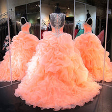 Load image into Gallery viewer, coral organza ruffles beaded sweetheart quinceanera dresses ball gowns