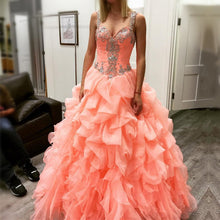 Load image into Gallery viewer, coral organza ruffles beaded sweetheart quinceanera dresses ball gowns-alinanova