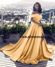 Load image into Gallery viewer, Off Shoulder Long Satin Prom Dresses Womens Formal Evening Gowns